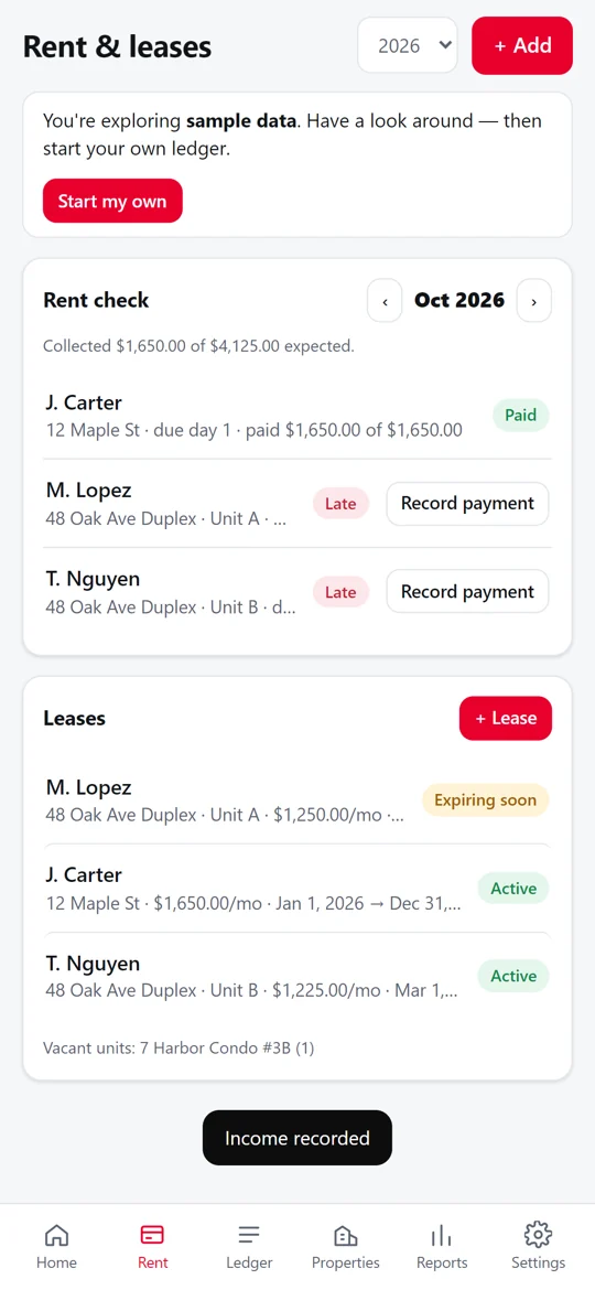 Rent Ledger app showing rent check with a payment marked paid